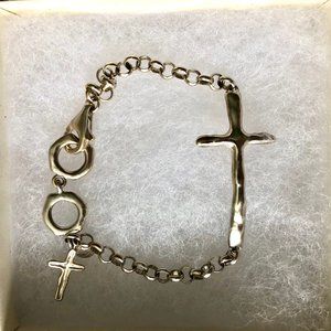 Silver Cross Bracelet, Hammered Rustic Cross
